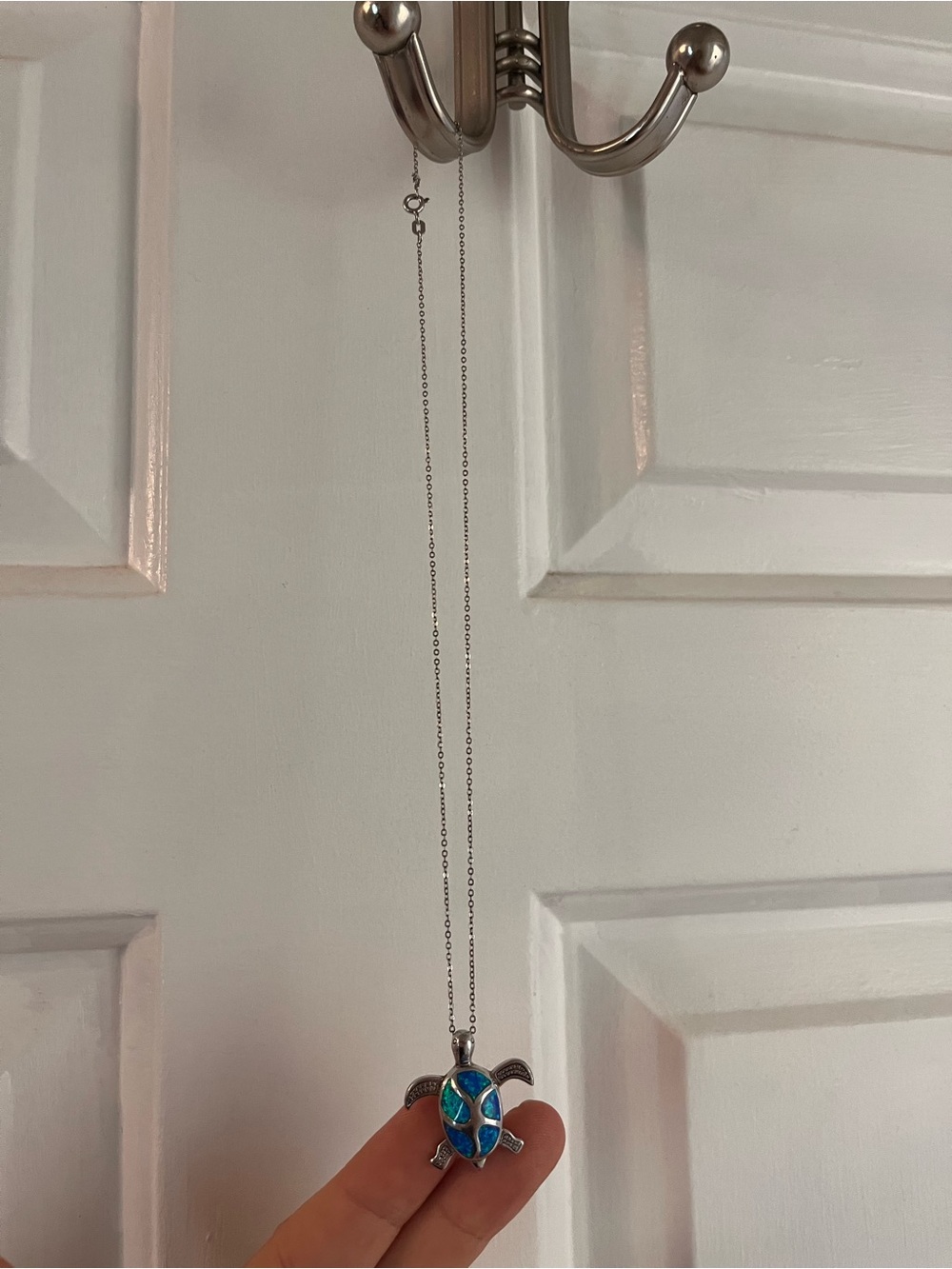 Silver Turtle Pendant Necklace with Blue Opal Inlay - Picture 2 of 4